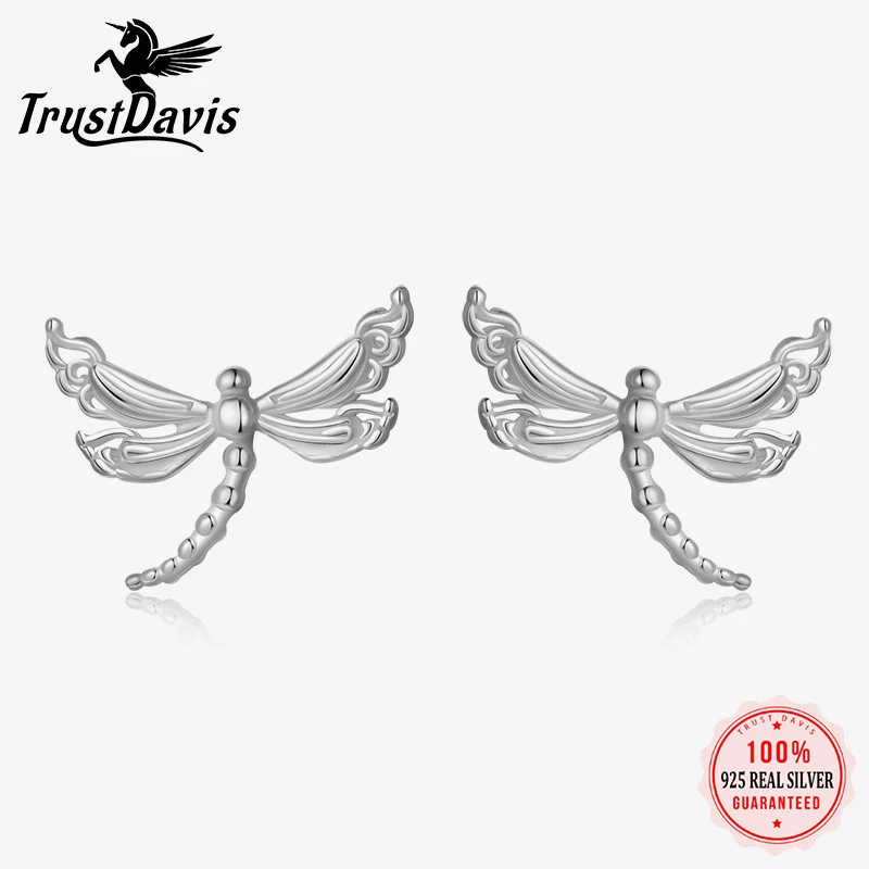 TrustDavis Real 925 Sterling Silver Light Luxury Dragonfly CZ Stud Earring for Women Daughter Birthday Gift Fine Jewelry DA3228