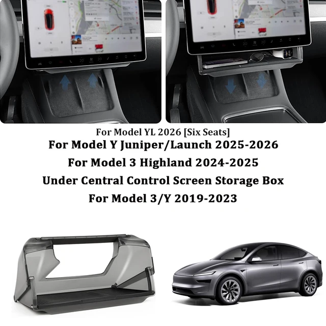 Ekran konsoli środkowej pod schowkiem do Tesla Model YL/3/Y Juniper 2019-2026, ukryta taca organizera do przechowywania w centralnym sterowniku.