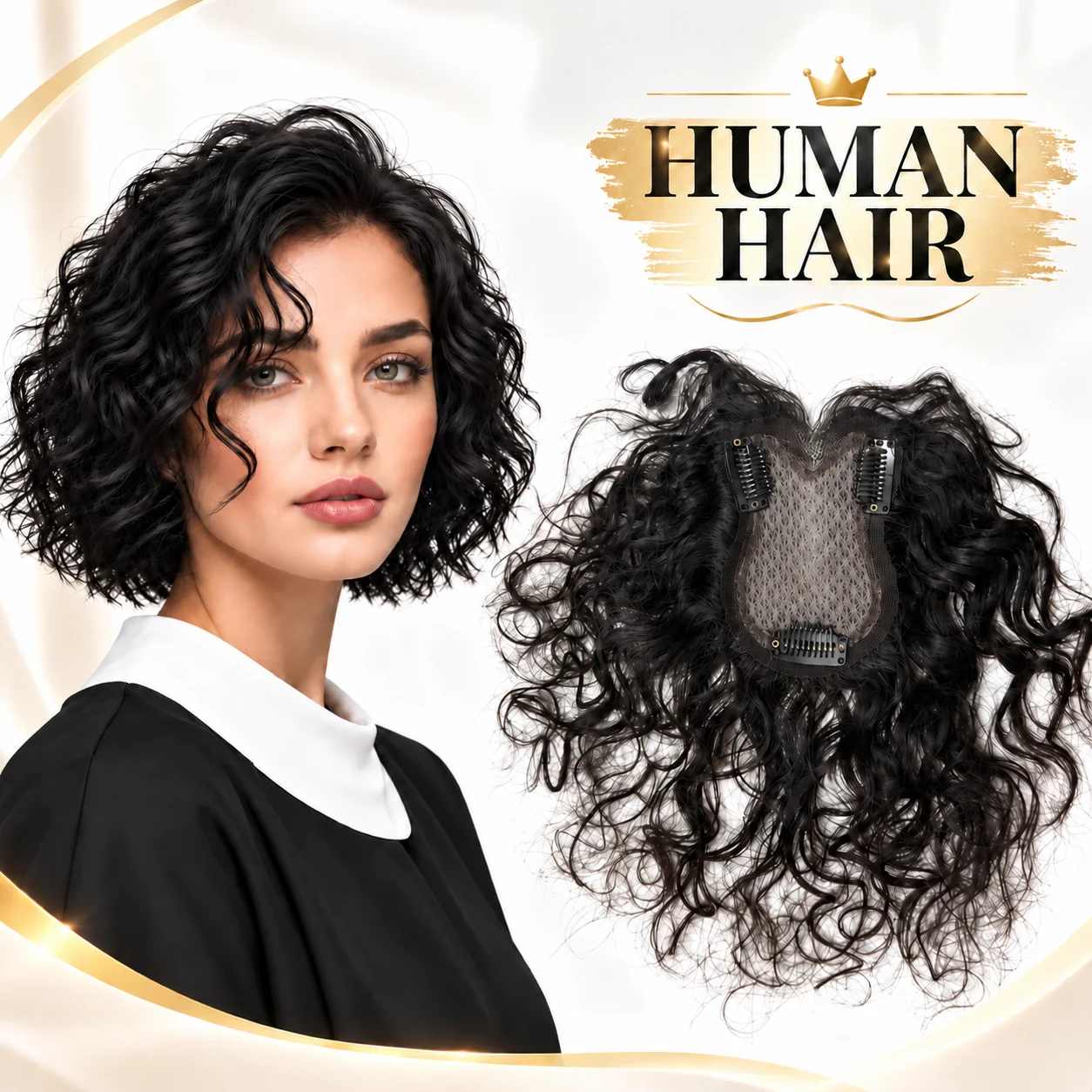 Natural Looking Curly Bangs Hair Clip 100% Human Hair Wavy Curls Breathable Swiss Lace Topper Hairpiece for Women Clip in Bangs
