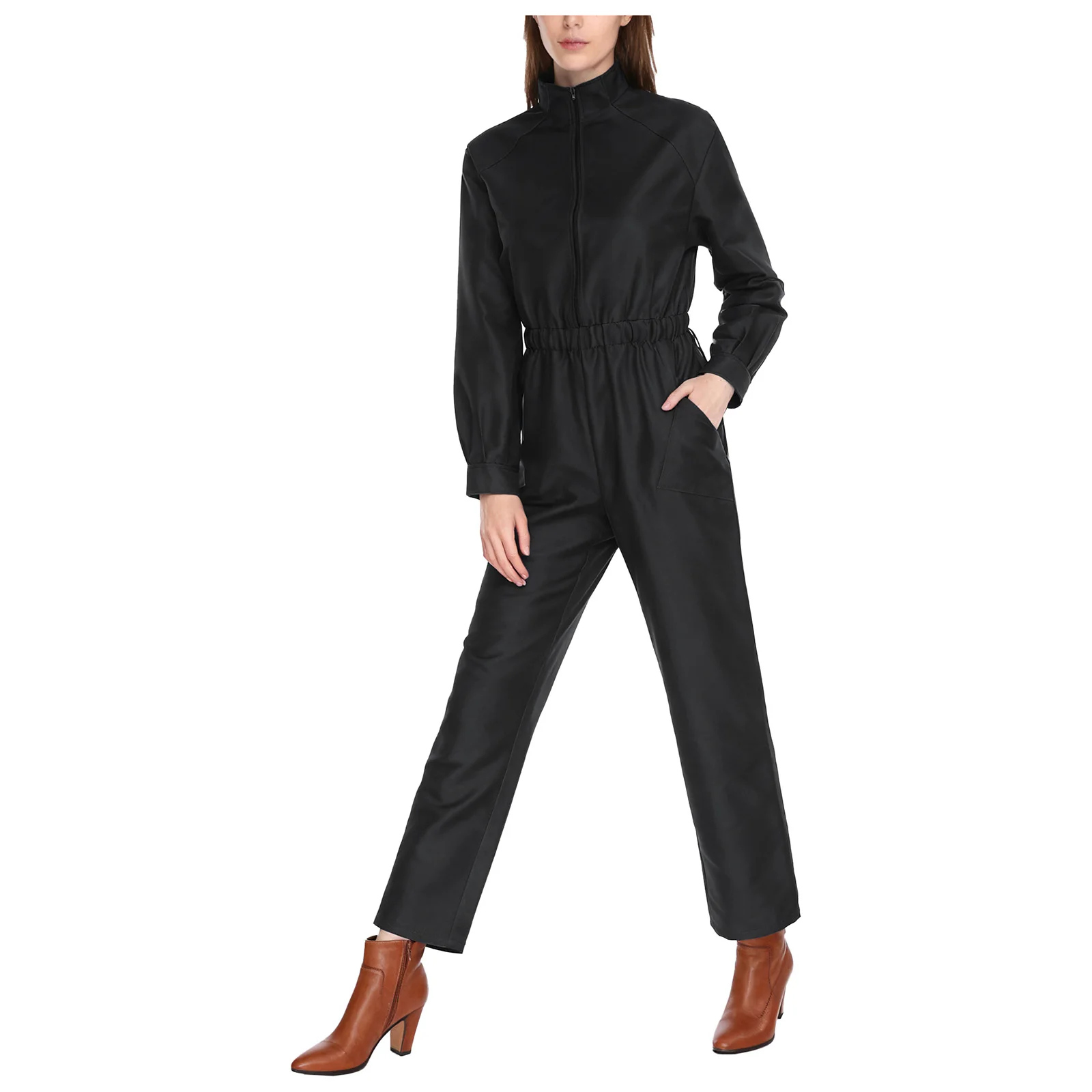 

Women Factory One-Piece Coveralls Workwear Working Jumpsuit Stand Collar Long Sleeve Front Zip Patch Pockets Wide Leg Rompers