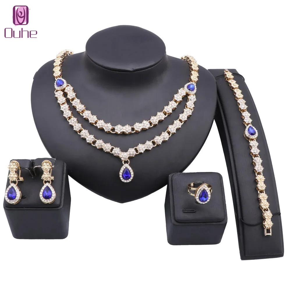 

Women Wedding Bridal Gold Color Statement Crystal Zircon Pendant Necklace Earring Bracelet Ring Party Accessories Jewelry Set