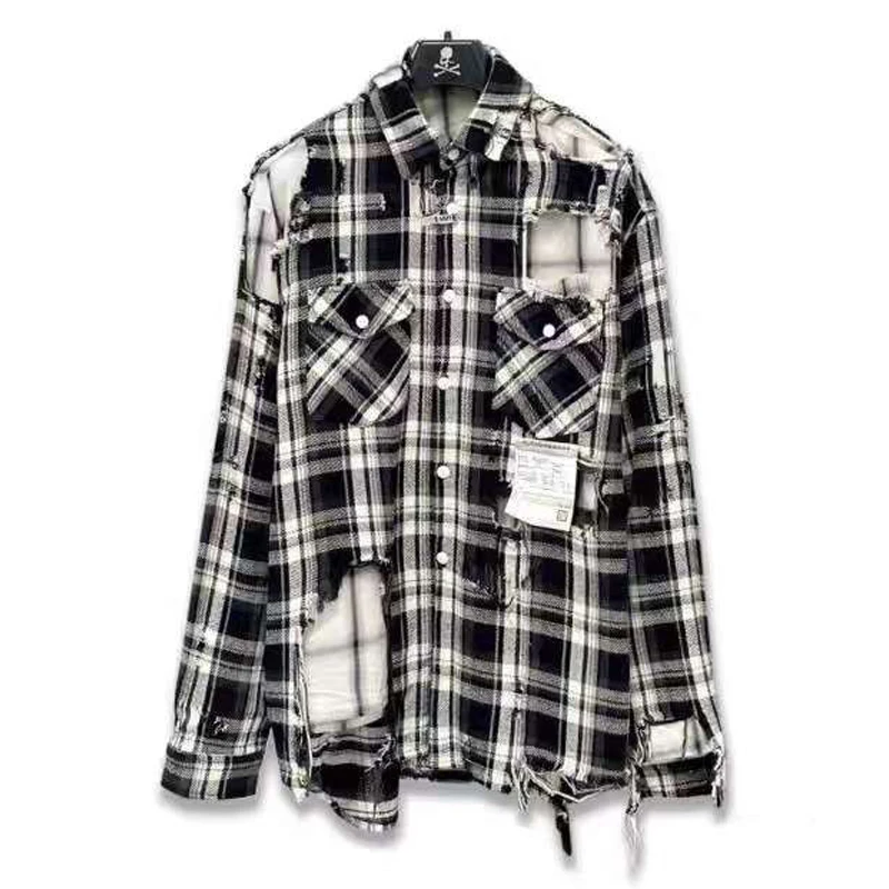 

21SS MM Japanese Black and White Checkered Distressed Double Layered Shirt for Men Fashion Make Old Jacket
