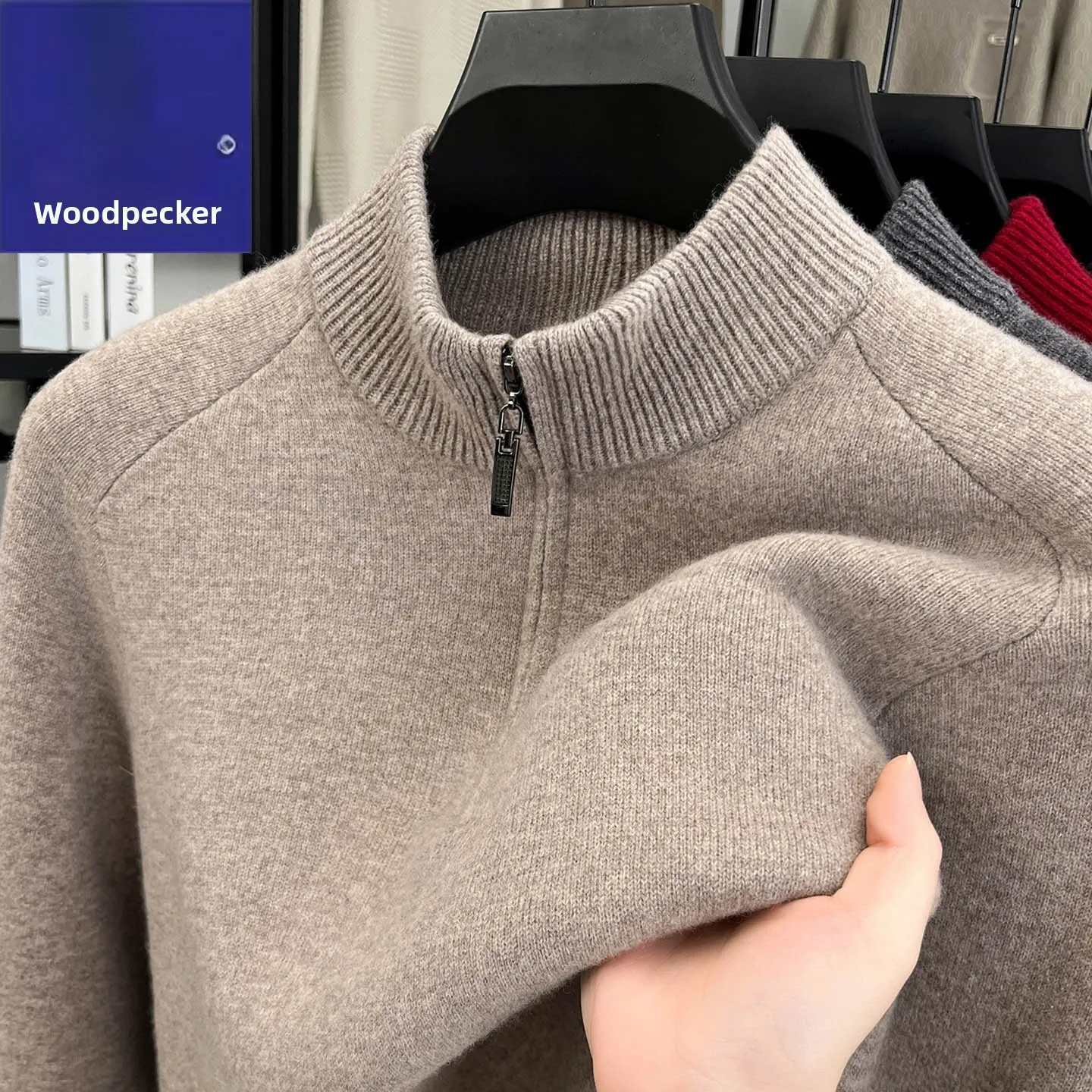 

Утепленный зимний вязаный свитер для мужчин с воротником-стойкой на молнии, полностью шерстяной, теплый, деловой повседневный стиль, мягкая шерстяная куртка