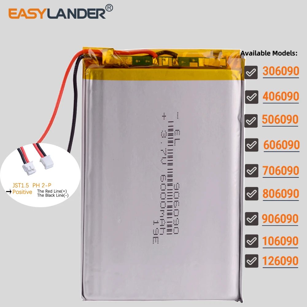 JST-PH 1.5mm 2Pin 3.7 6000mAh 906090 Lithium Li-ion Lipo Polymer Battery 306090 406090 506090 606090 706090 806090 106090 126090