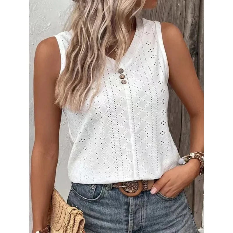 2026 New Women's Tank Top Clothes Fashion Solid Color Round Neck Button-Down T-Shirt for Women Y2k Clothes
