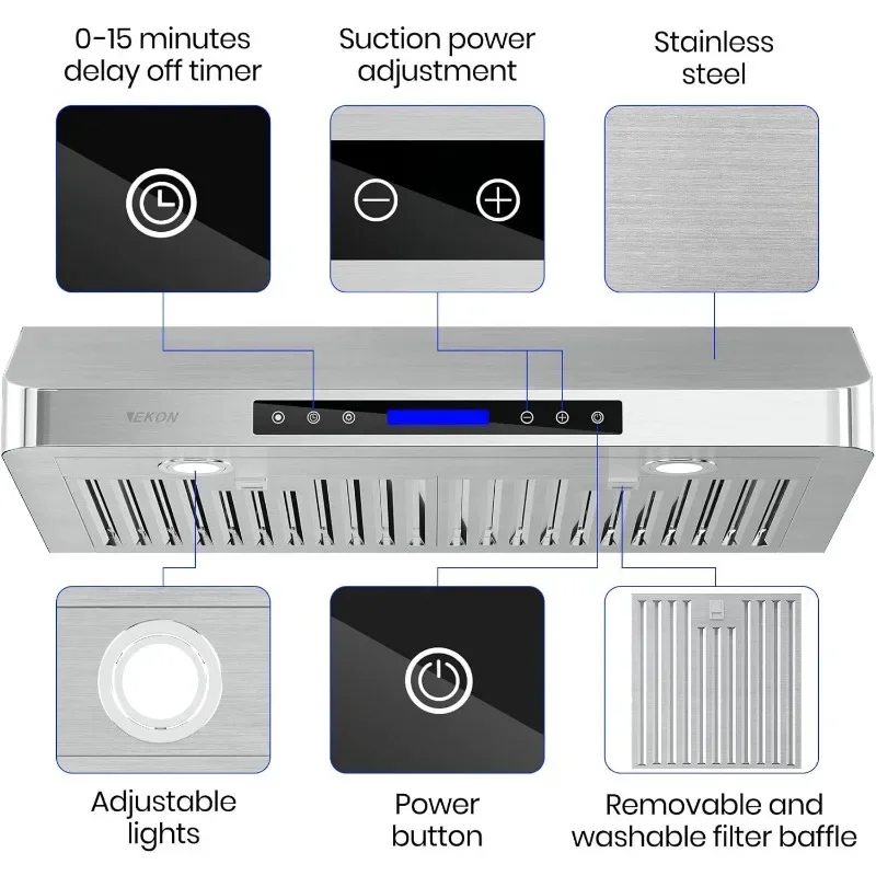 Sob o capô do armário, ventilação de chaminé de cozinha de aço inoxidável, controle de tela sensível ao toque com luzes LED remotas - ventilador de filtros seguros