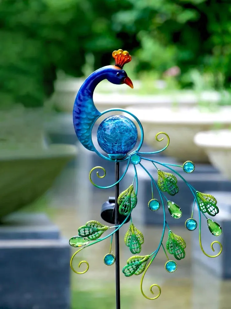 Solar Peacock Lamp, Wrought Iron Outdoor Lawn Lamp, Courtyard Garden Decoration Layout, Plug-In Lamp, Glass Cracked Ball Lamp