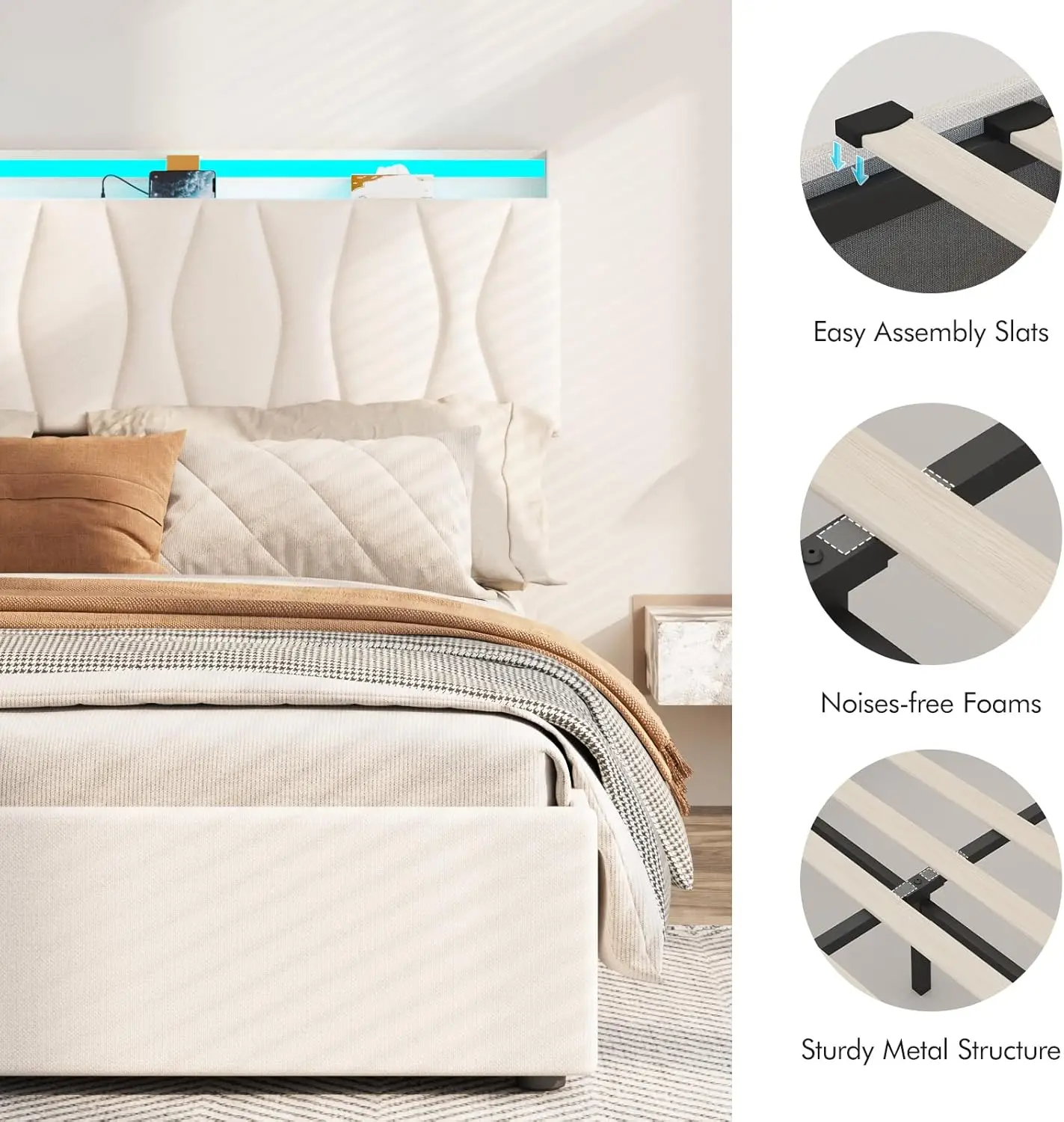 Lift Up Storage Bed Frame, Height Adjustable Storage Headboard with Charging Station, LED Lights Upholstered Platform Bed