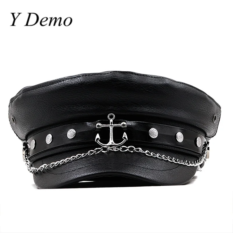 

Y Demo Punk Pu Leather Octagonal Hat Women Casual Rock Chains Hat Autumn And Winter Streetwear