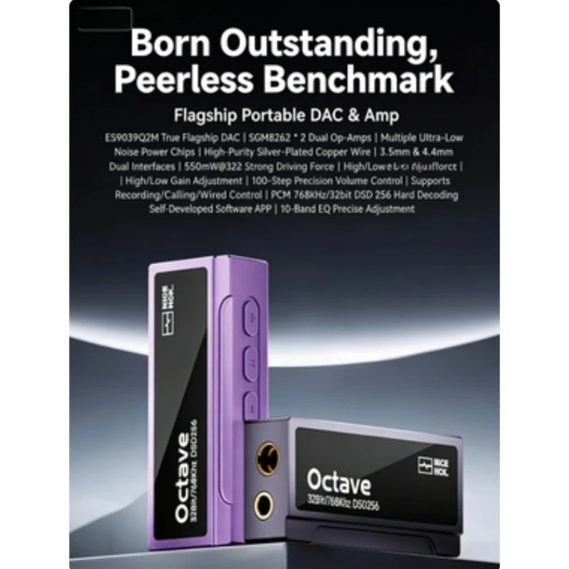 Untuk NICEHCK Octave Type-C Lossless Decoding Headphone AMP ES9039Q2M DAC 768KHz / 32-bit DSD256 3.5mm 4.4mm Output Decoder