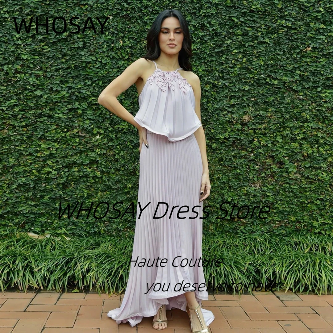 

WHOSAY Halter Neck Prom Dresses with Applique Long Pleats Customized Evening Party Dress Sexy Back Special Occasion Gowns