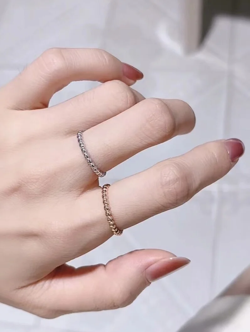 خاتم نسائي أنيق بخرز دائري من الفضة الخالصة مع حواف ذهبية وردية عيار 8 قيراط، مناسب للإصبع السبابة، بتصميم بسيط على طراز إنس... #4