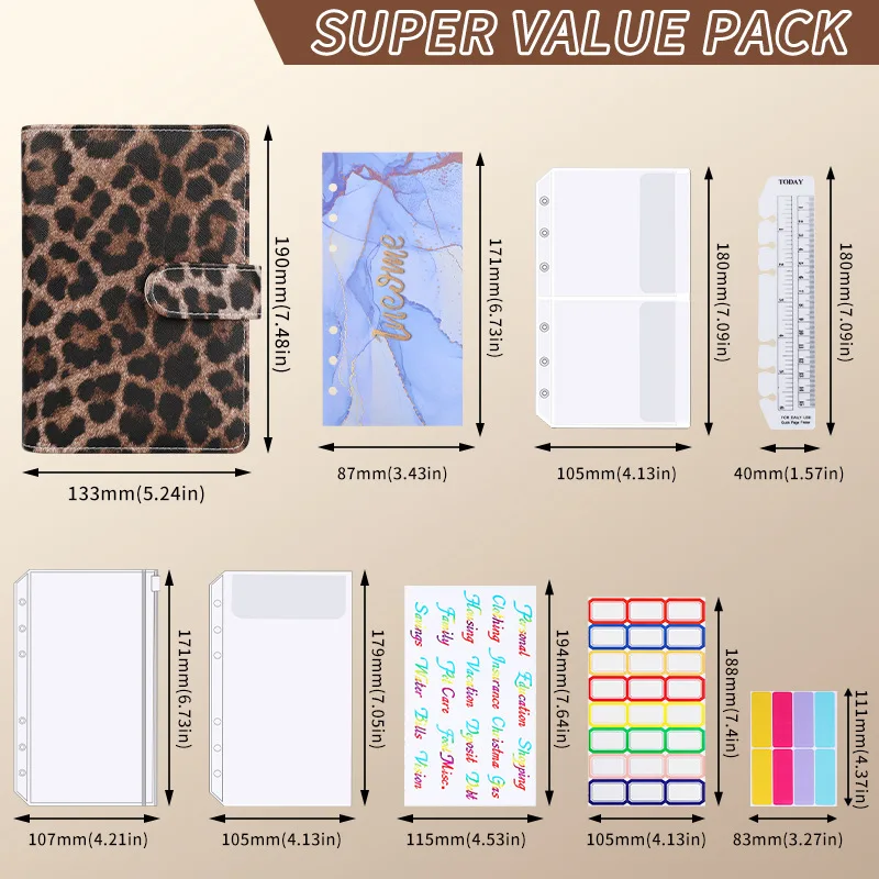 A6 Loose-Leaf Budget Notebook Leopard Print Book Leather PU Notebook Book Binder Manual Book with Zip Bag Set Office Stationery