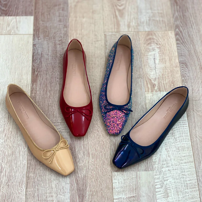 

Export French open single women's leather patent leather square head bow soft soled comfortable flat red ballet shoes