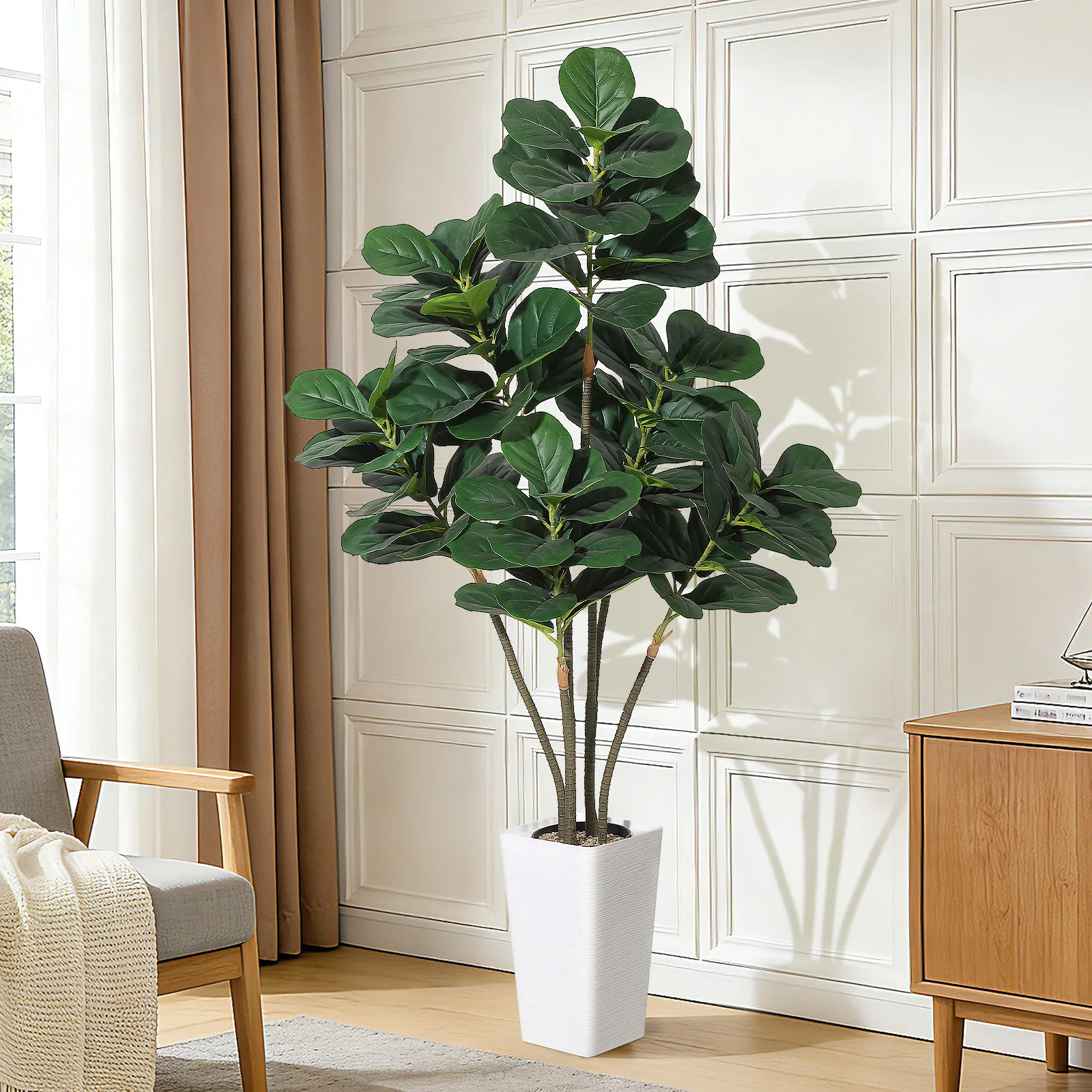 

Искусственное дерево фикус лирата, искусственное растение, имитация фикуса лирата, шелковые деревья с белым кашпо, искусственные напольные фикусы.