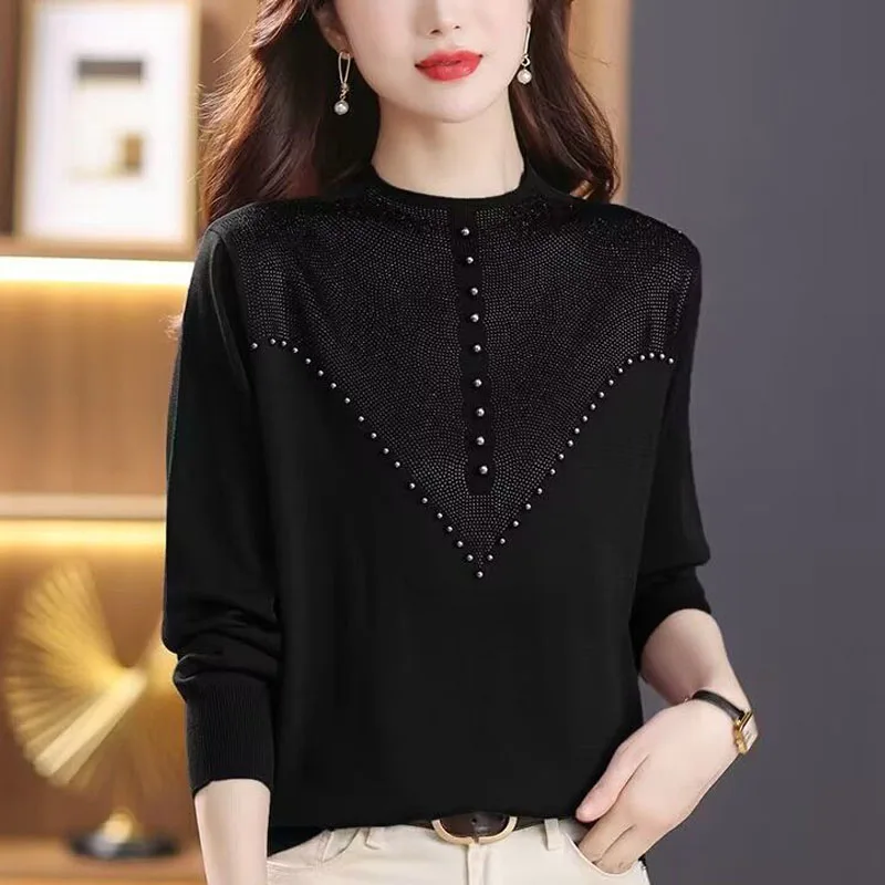 New Autumn and Winter Fashion Trend Western Style Half High Neck Beaded Solid Loose Versatile Slim Long Sleeve Mom\'s Knitted Top