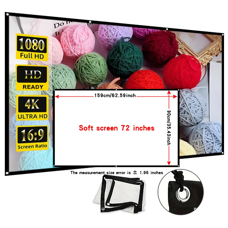 

72-дюймовый проекционный экран с веревкой. Простота установки. Есть металлические подвесные отверстия. Можно охранно с помощью веревки.