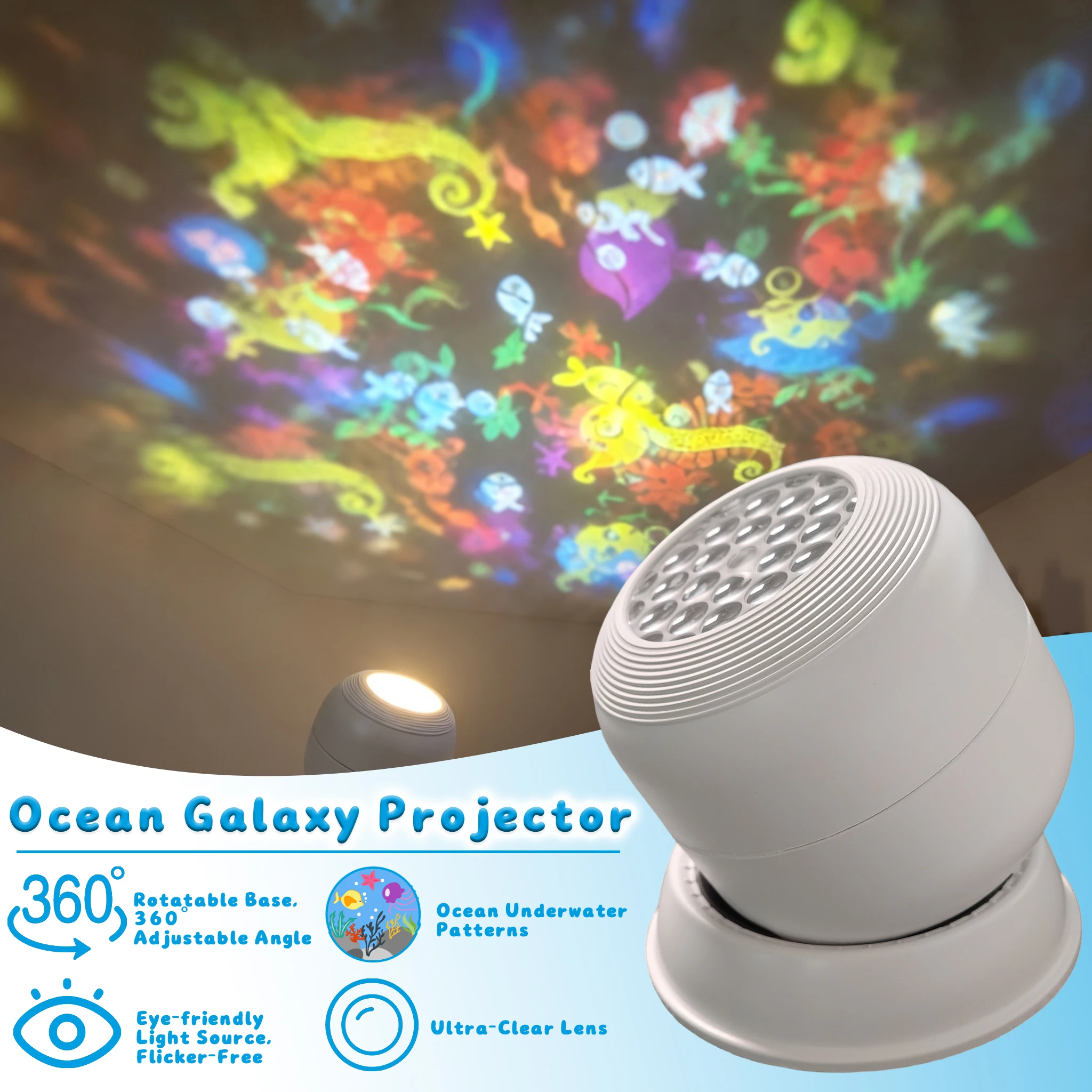 Colorful Rotating Ocean Projector Night Light, Ultra Quiet Sleep Aid Starry Lamp, USB Plug-in Compact Ambient Projector for Nurs
