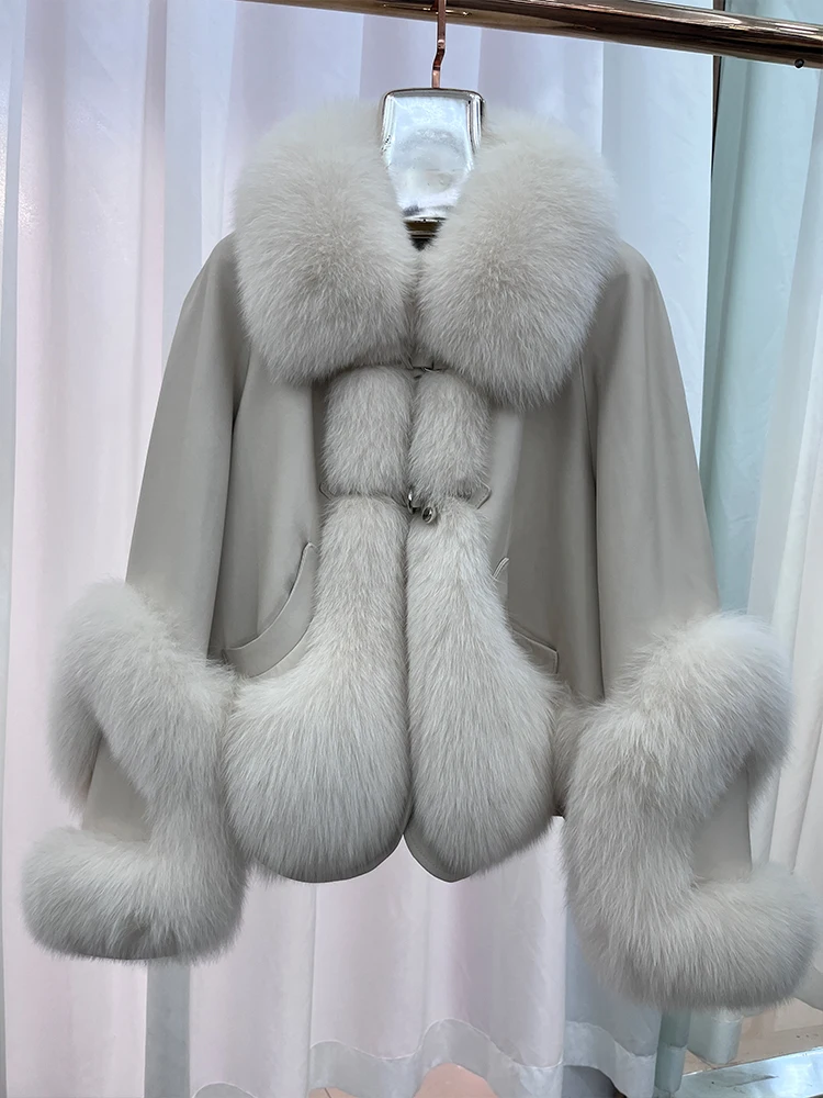 New Fashion Natural Fox Fur Coat Women's Genuine Sheepskin Leather Jacket Warm Luxury Female Coats Goose Gown Jacket