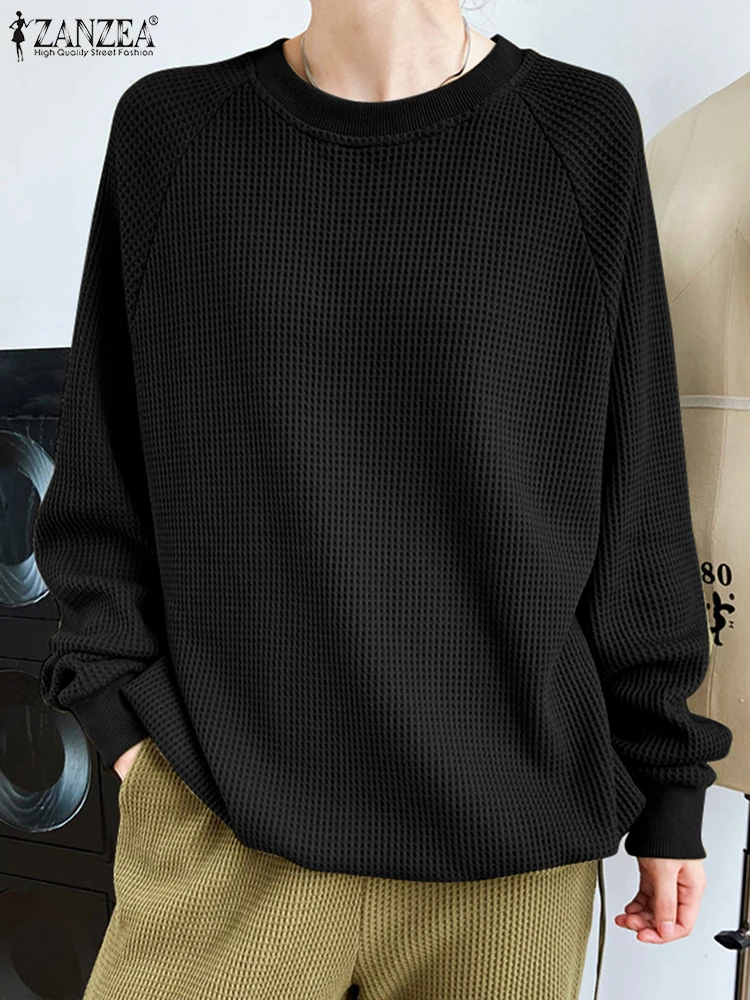 

ZANZEA Korean Fashion Hoodies 2024 Women Casual Long Sleeve Pullovers Simple Loose Waffle Sweatshirts Autumn O-neck Sweety Tops