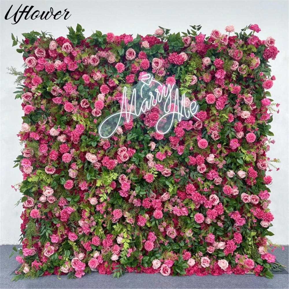 

Uflower 5D Pink Rose Penoy Greenery Flower Wall Wedding Backdrop Fabric Hanging Curtain Floral Window Display Party Event Props