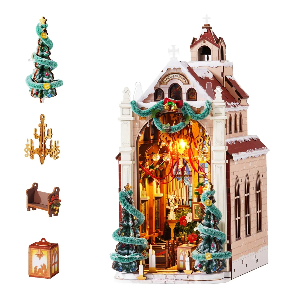 Rolife Wooden Bookends 3D Puzzle - Caroling Cathedral DIY Book Nook Kit with LED Light for Bookshelf Decor Brain Teasers Toys for Bookshelf Insert Ideal Christmas Gift