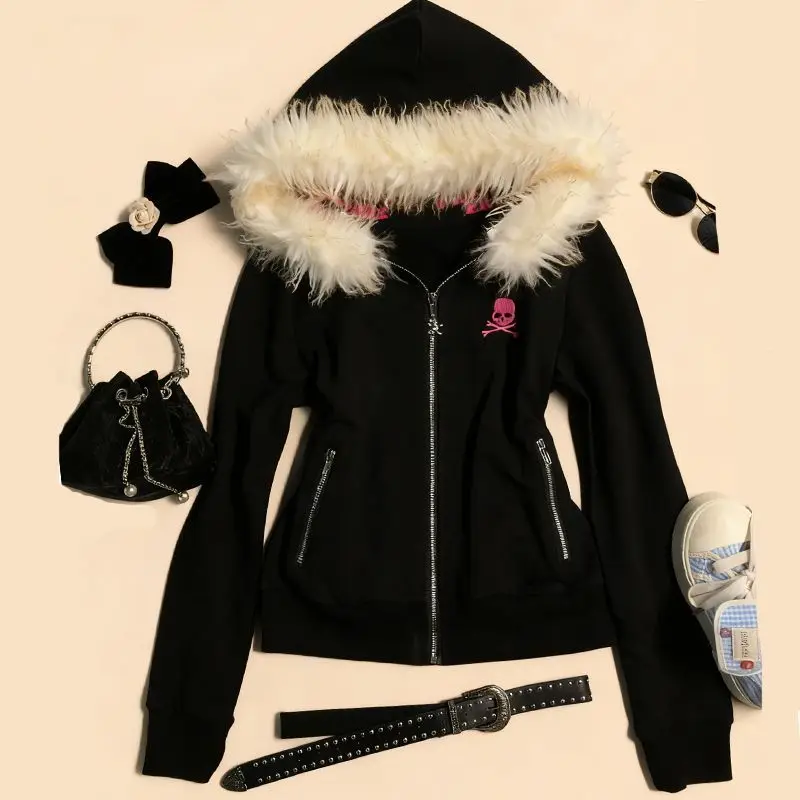 

Женский кардиган на молнии с капюшоном Bla, осенне-зимний пушистый дизайн, топ Y2K, японская открытая рубашка, культурный топ