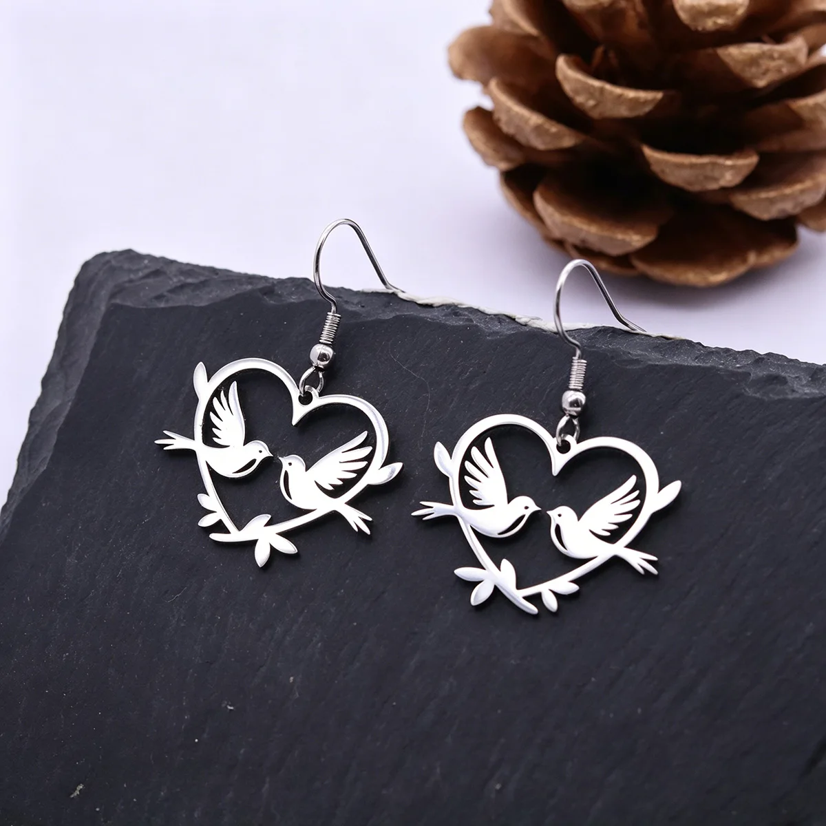 Kinitial Heart Love Couple Birds Dangle Earrings For Women Stainless Steel Swallow Drop Earring Jewelry Valentine's Day Gift