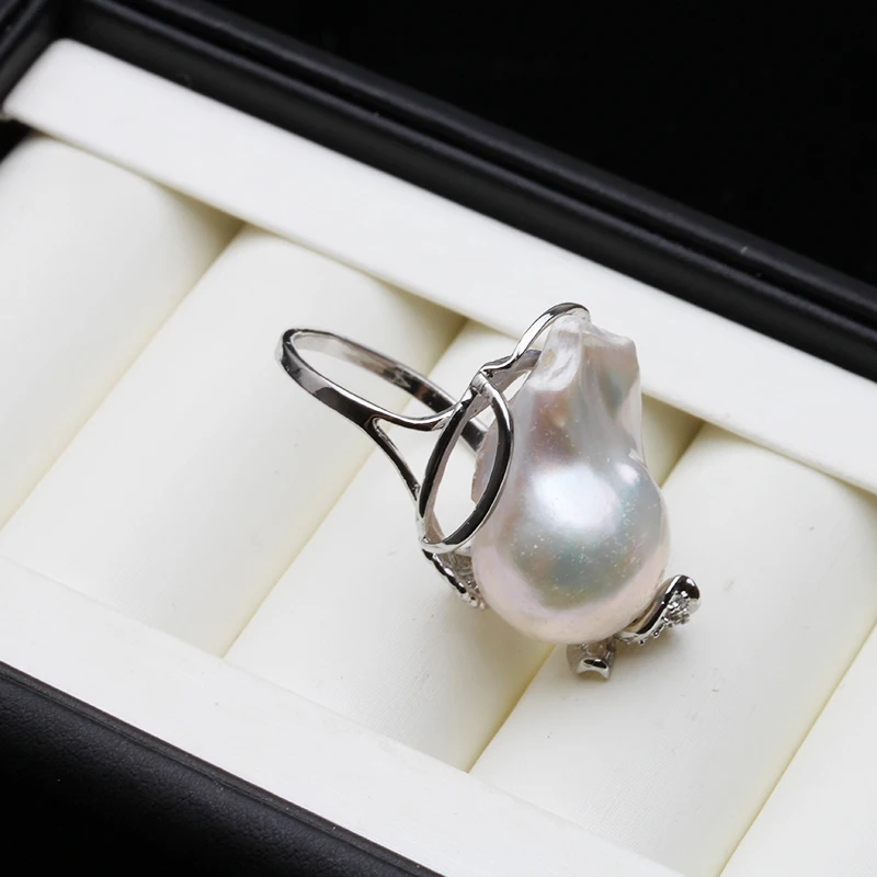 Real Freshwater Natural Baroque Large Pearl Ring,Wedding Adjustable Pearl Ring Sterling Silver White Wife Mother Birthday Gifts