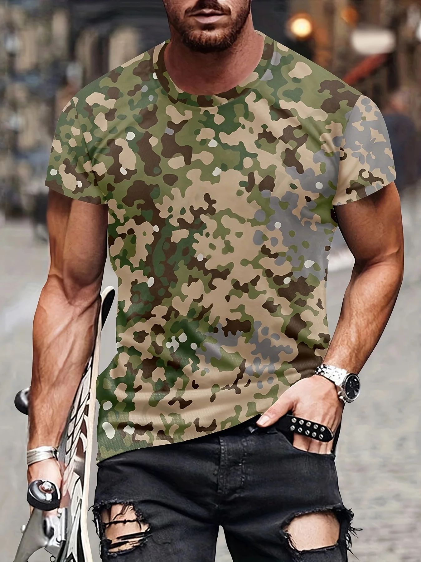 Camouflage Pattern Print Crew Neck T-shirt Stylish Short Sleeve Top For Outdoors Men\'s Summer Comfy Tee Hot Sale Mens Tshirts