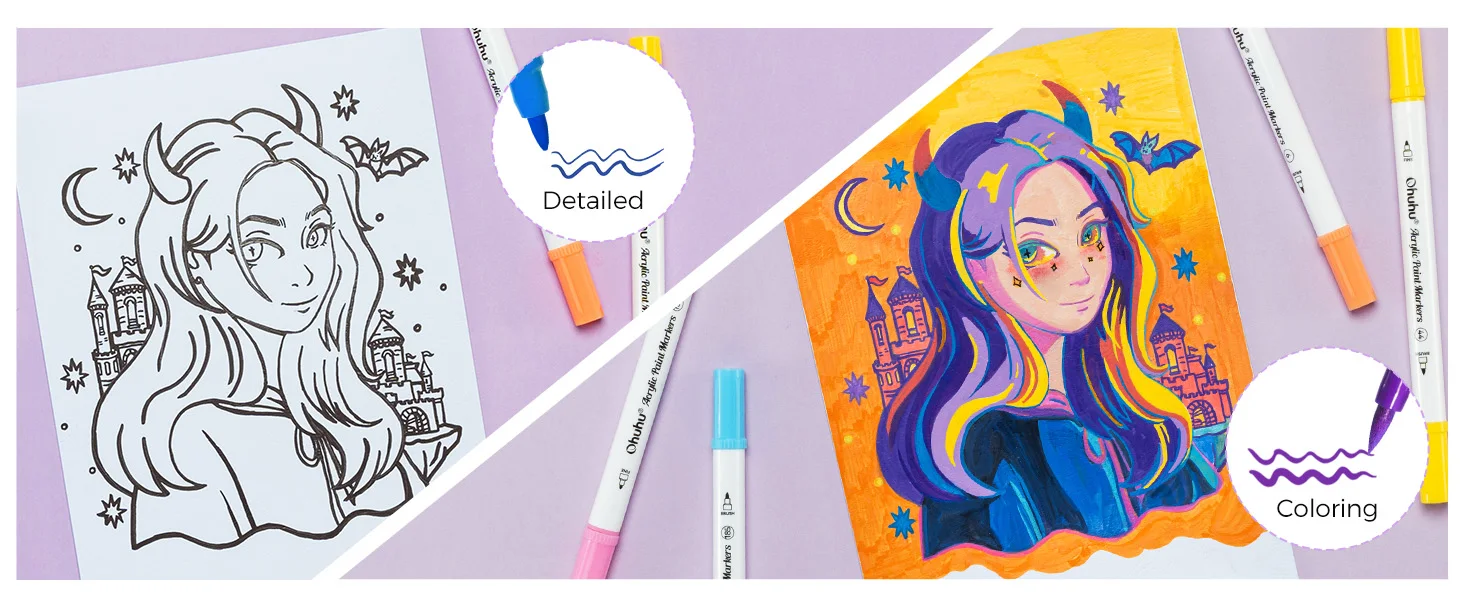 Ohuhu Acryl-Farbmarker mit Baumwollkern, 72 Farben, Doppelspitzen, Hochdeckende Acrylstifte, Wasserfest, Lichtbeständig, zum Zeichnen – Detail 5