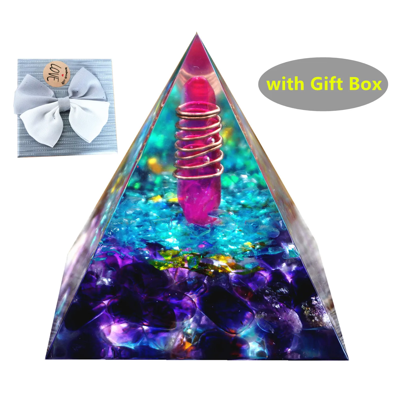 

HANDMADE Orgonite Pyramid Crystal Point In Copper Circle & Blue Quartz Amethyst Energy Healing Orgone Pyramide 6CM