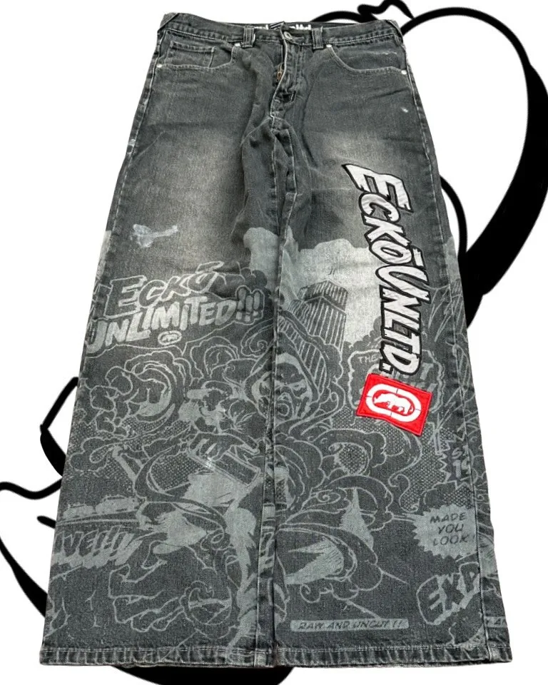 American Fashion Printing Jeans Hip Hop Baggy Cross-legged Jeans Grey Wash Straight Mop Pants Men and Women