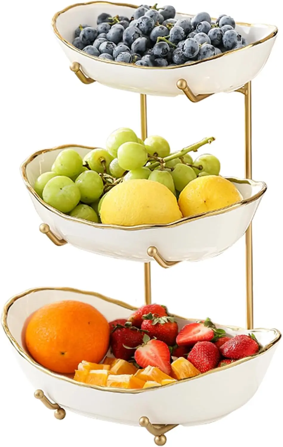 

3-Tier Ceramic Fruit Bowl Set with Gold Metal Stand, Small Cute Kitchen Counter Display for Snacks and Desserts