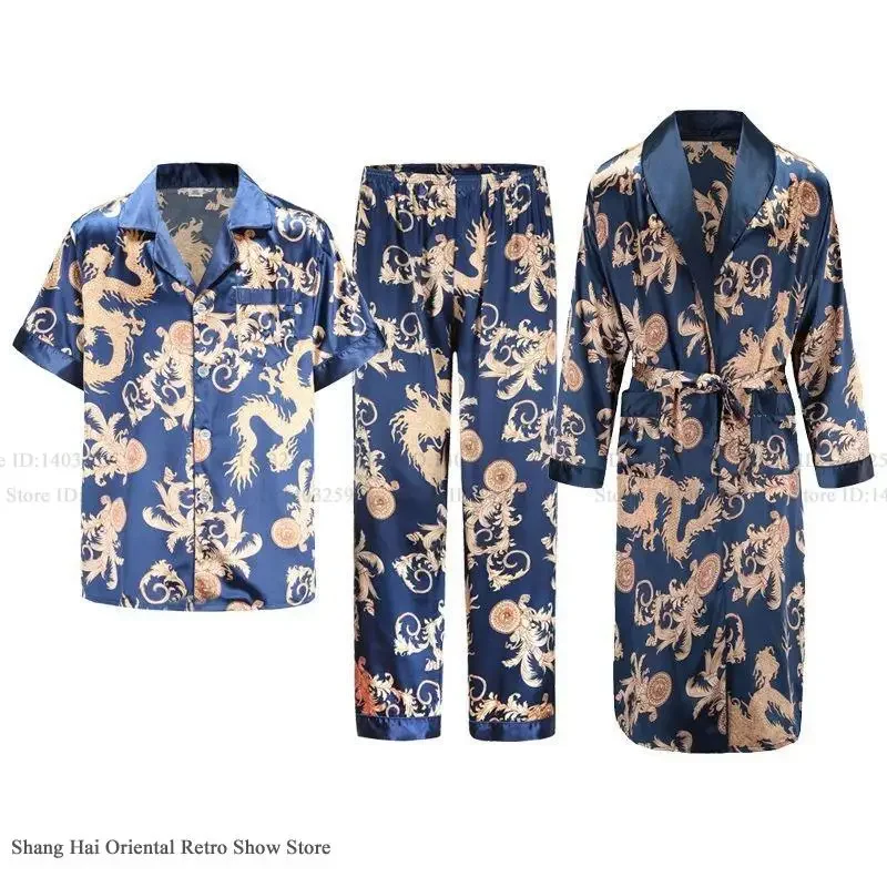 Plus Size Men's Sleepwear 3PCS Robe Pajamas Set Home Clothes Ice Silk Print Male Nightwear Loose Nightwear Loungewer