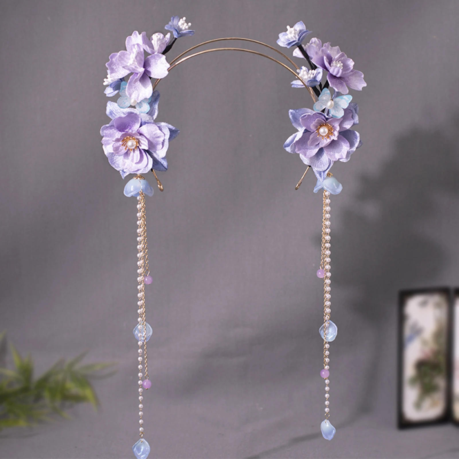 Temperament Hair Hoop Long Tassel Hairband Purple Floral Headbands Chinese Hanfu Hair Accessories Retro Bridal Prom Hair Jewelry