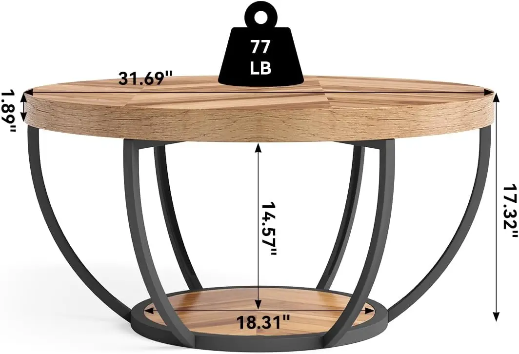 Round Coffee Table, Circle Coffee Table for Living Room, 2-Tier Wood Accent Center Table with Open Storage Industrial Design