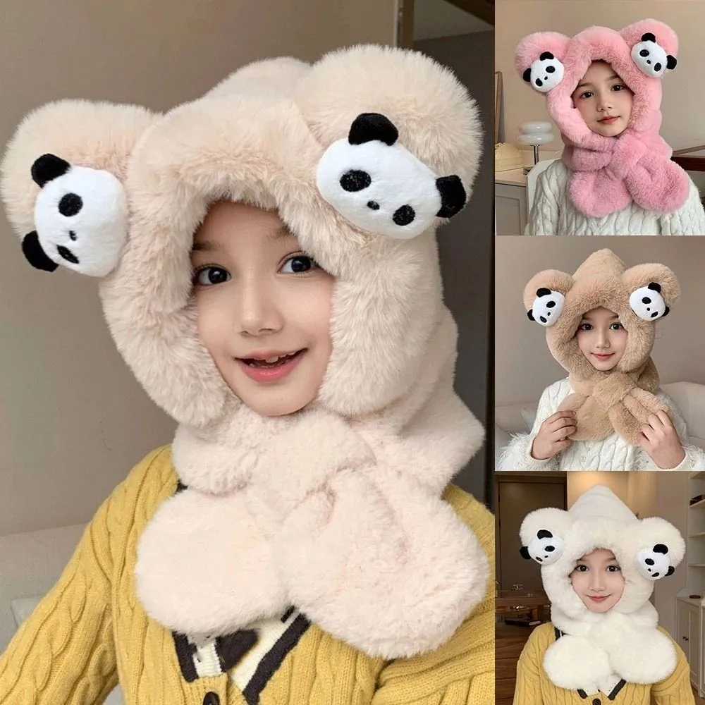

Fashion Faux Fur Hat Scarf Set Cartoon Panda Windproof Winter Hat Scarf Thickened Warm Neck Circle Scarf Children