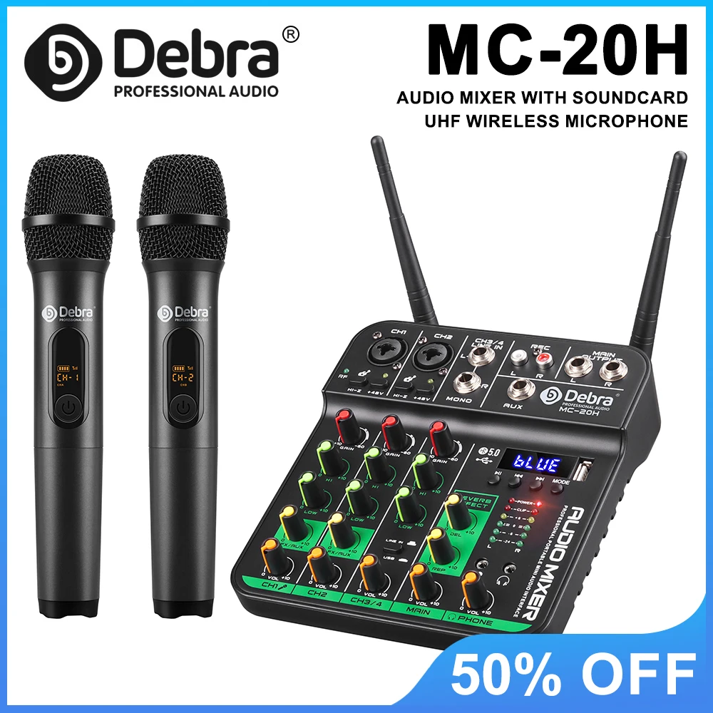 جهاز مزج الصوت MC-20H UHF ذو 4 قنوات مع 2 ميكروفونات لاسلكية، وحدة تحكم خلط تأثيرات تأخير USB (تسجيل الكمبيوتر)