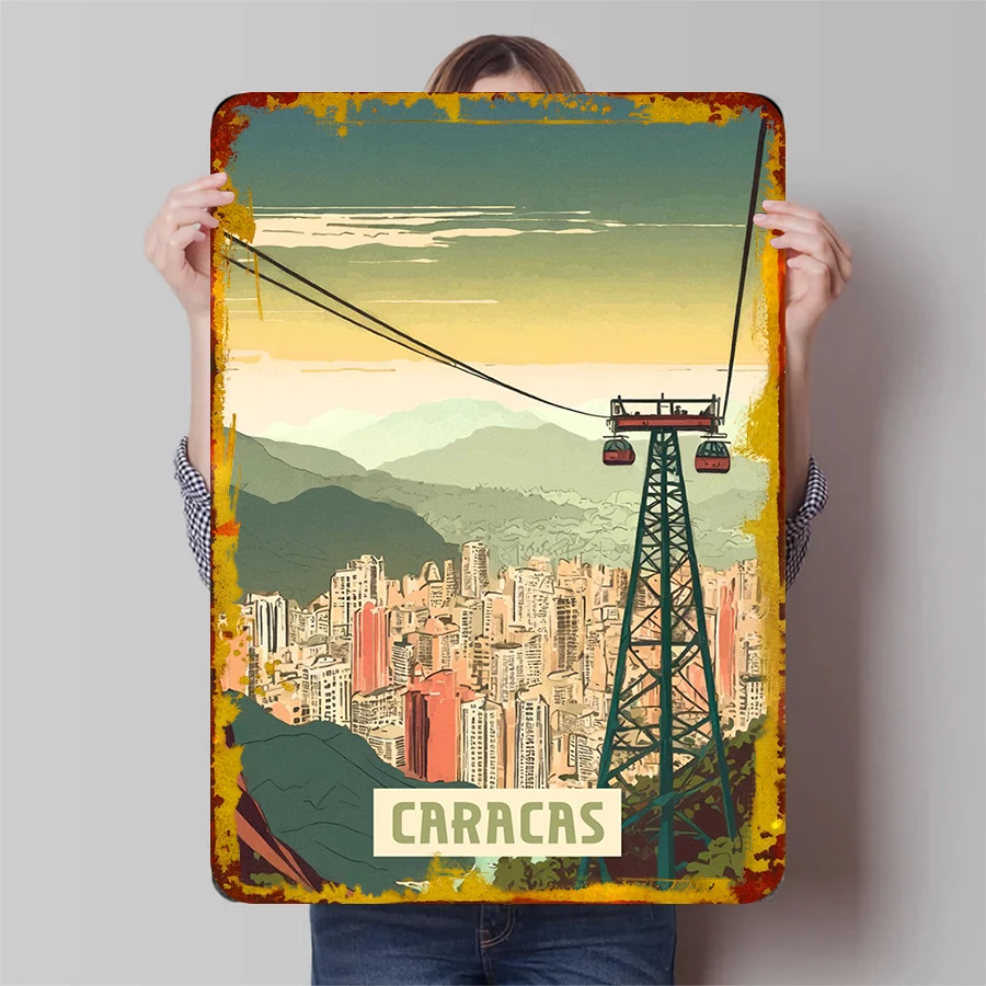 Caracas Venezuela Cable Car paisaje urbano Vintage viaje Metal pared arte decoración cartel