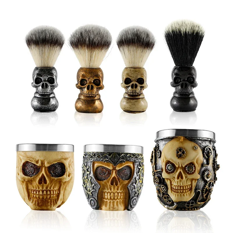 Skull Head Shaving Brush Barbershop Beard Brush Shaver Bowl Kits Men Barber Salon Supplies Beard Shaving Set Barber Accessories