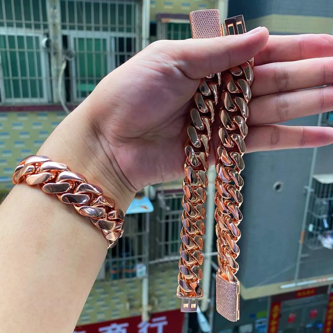Rose Gold Plate Cuban Link Chain Choker Heavy Solid Brass Miami Cuban Bracelet Wholesale for Men And Women Cadena De Oro Rosa