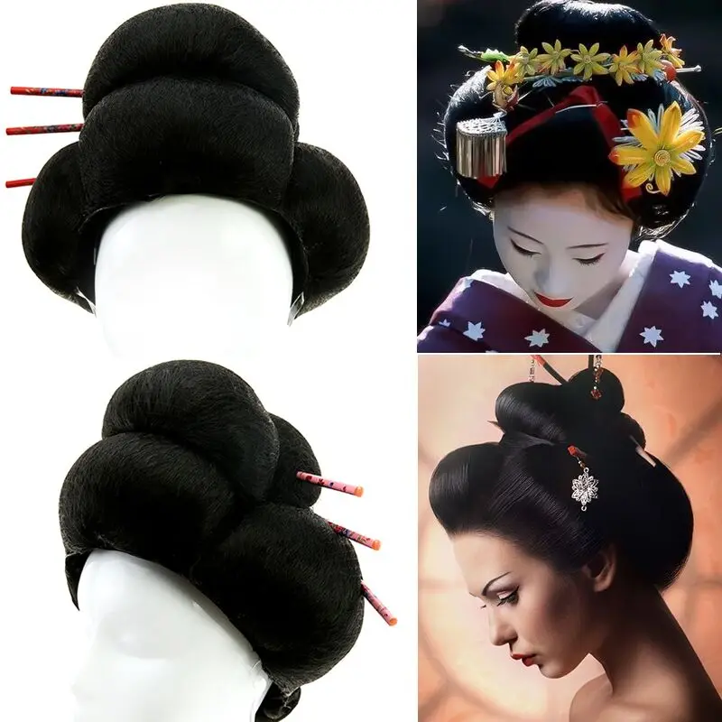 Black Japanese Geisha Hair Cosplay Accessories With Hairpins Beautiful Kimono Headwear Ancient Hairstyles Female