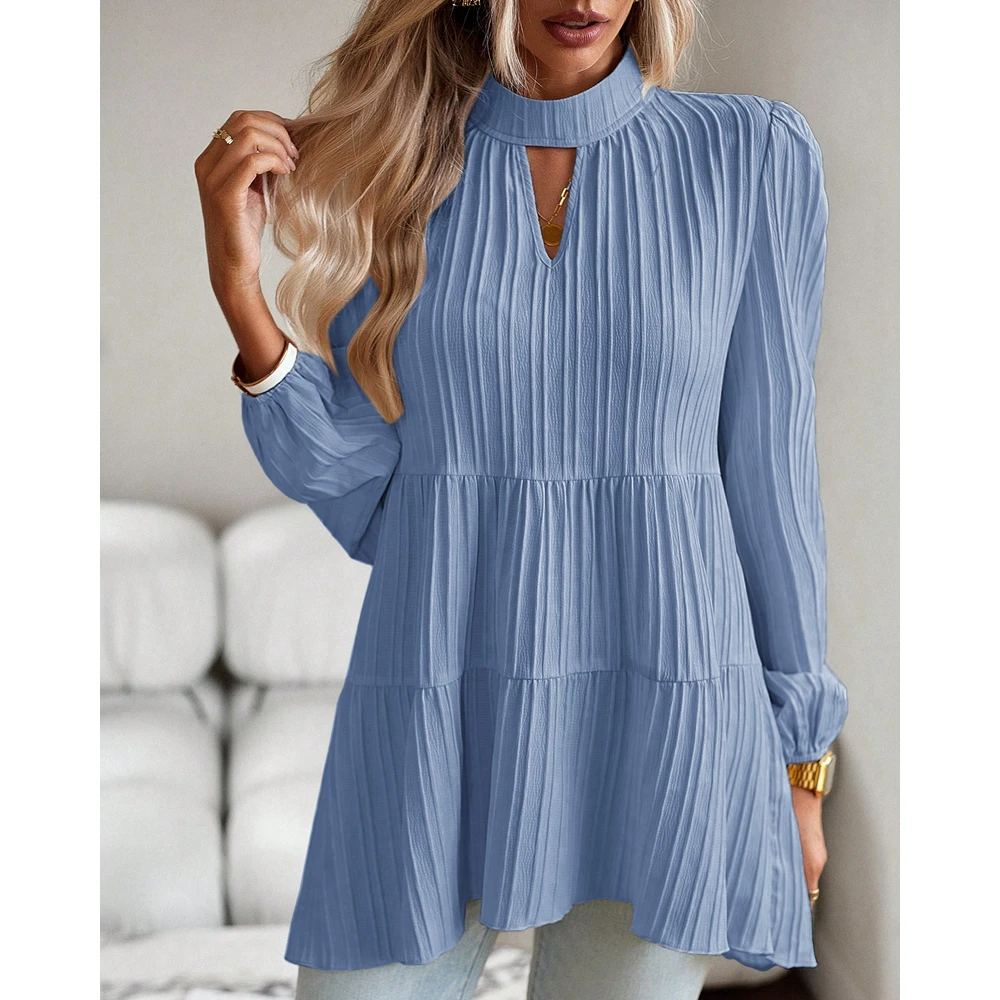 

Spring 2024 Solid T Shirts Ladies Top Round Neck Cut out Lantern Long Sleeve Blouse for Women Fashion Ruched Casual Streetwear