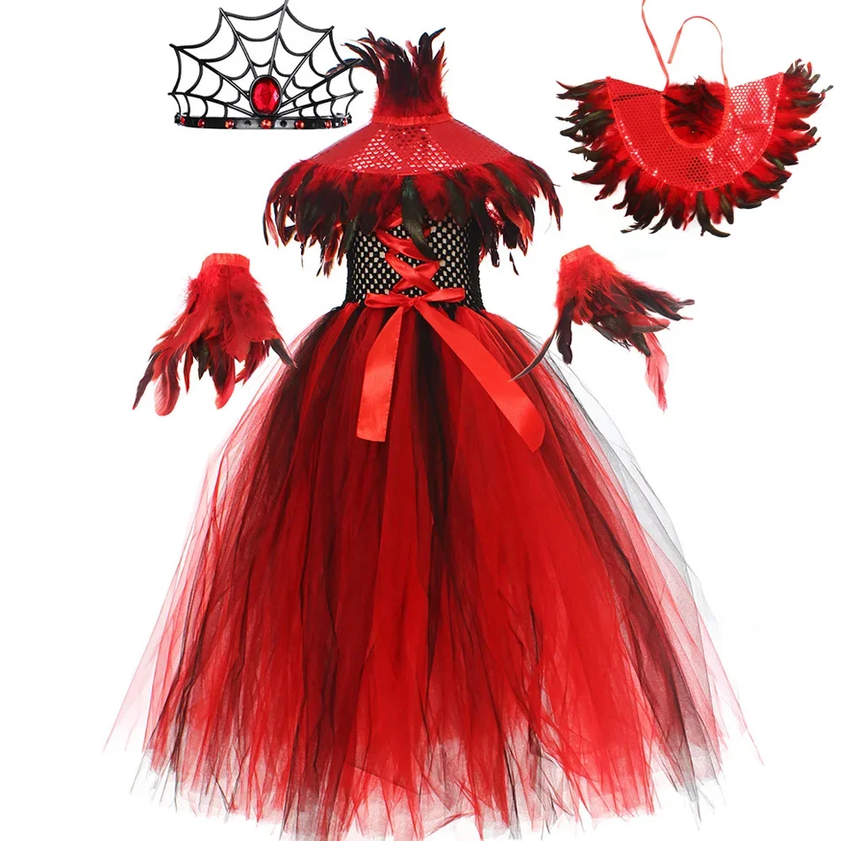 Halloween Vampire Costume for Girls Devil Witch Gothic Puffy Mesh Clothes Demon Vampires Queen Cosplay Carnival Party Dress