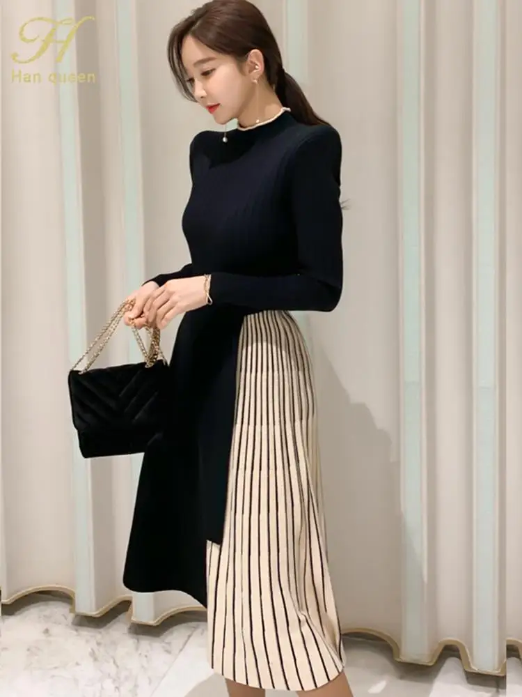 H Han Queen New Winter Elastic Knitted Dresses Women Color matching Lace-up Sweater Dress Fashion Slim Work Office Vestidos