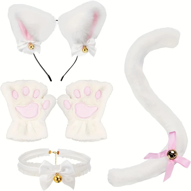 5Pcs Halloween Party Ears Set Plus Cute Paw Gloves Cosplay Animation Exhibition Character Handmade Plush Props Hair Accessor