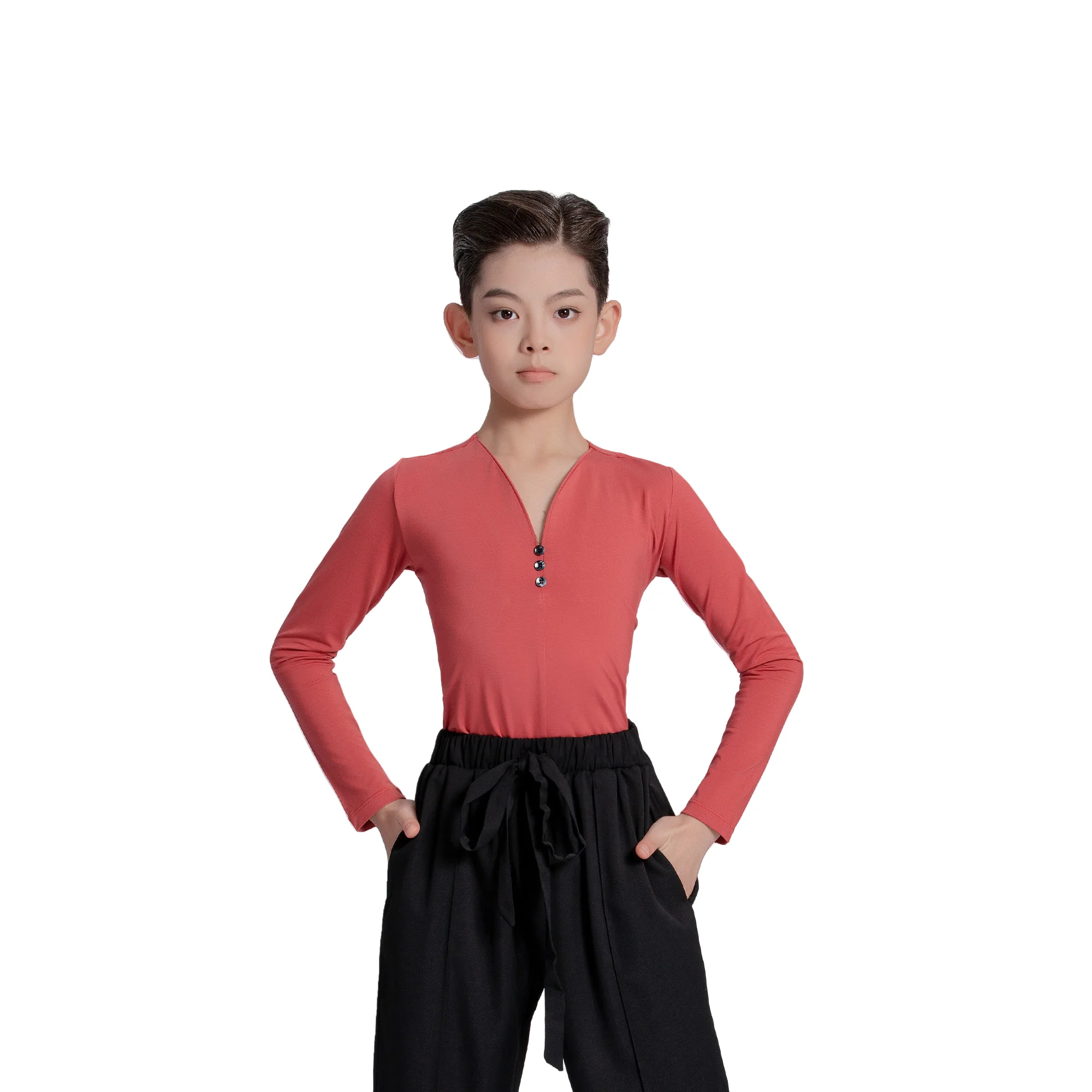 

Новая профессиональная рубашка для латинских танцев для мальчиков, красный цвет, костюм с v-образным вырезом, танцевальная одежда для румбы и самбы, танцевальная рубашка с длинными рукавами для детей