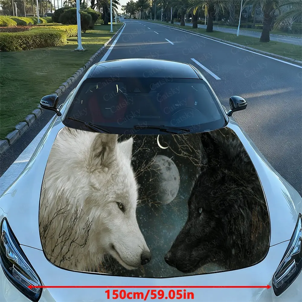 Two Wolves Moonlight Pattern PVC Car Hood Wraps, Self-Adhesive Waterproof Car Bonnet Decal Sticker, Car Decoration Protection St