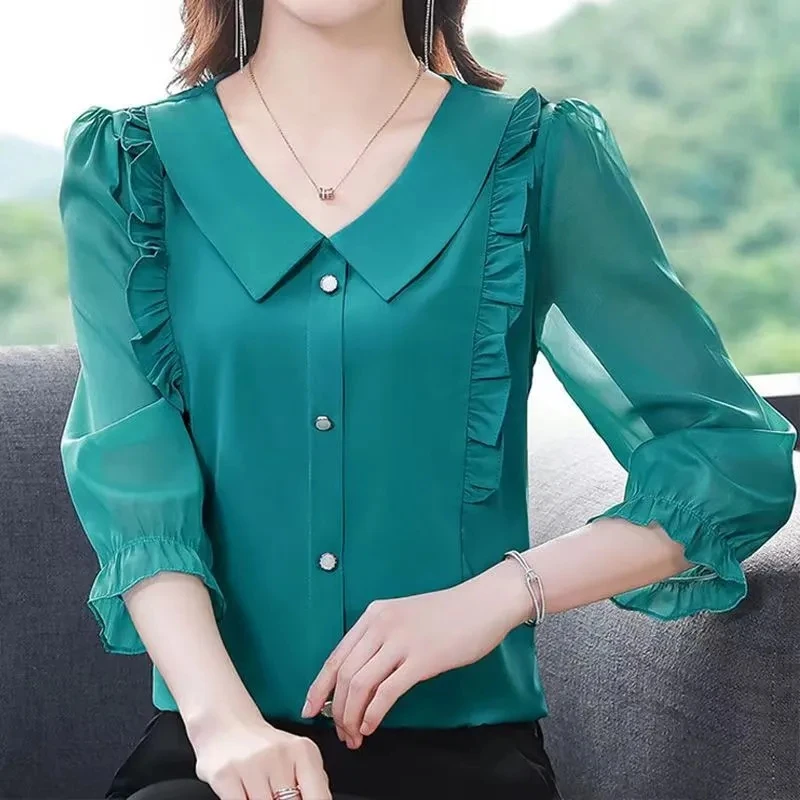 2024 New Female Loose Fit Pullover Ruffled Chiffon Shirt Coat  Summer Women Seven Points Sleeve Pullover Ruffled Chiffon Jacket